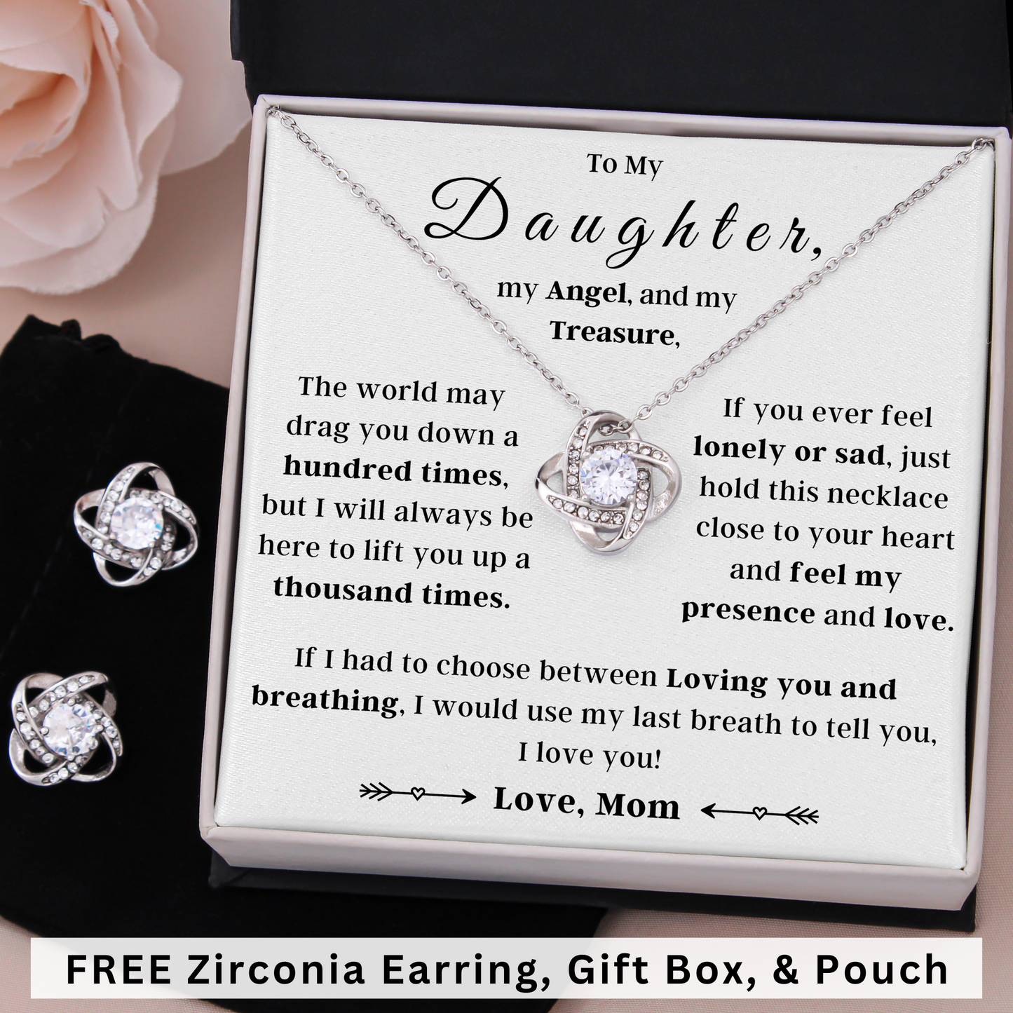 Love Knot Necklace with Free Zirconia Earring, Gift Box, and Velvet Pouch