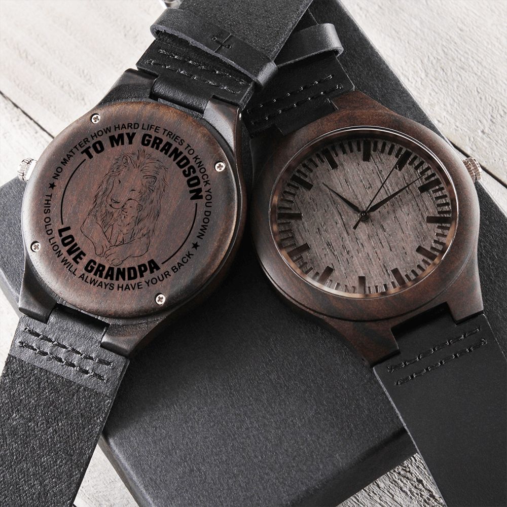 To my Grandson - Lion engraved wood watch